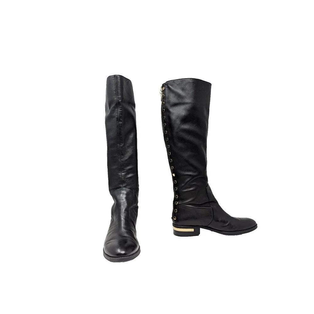 Vince Camuto Riding Boots Black Leather Gold Studded Parshell Women's Size 7.5 - Picture 4 of 9
